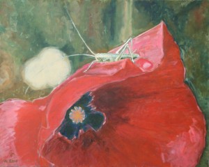 oil on canvas "sauterelle et coquelicot"
