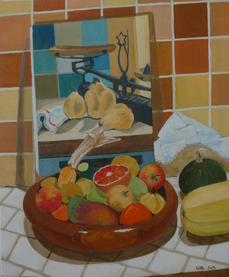 oil on canvas "corbeille de fruits et cucurbitacés"
